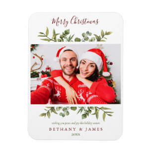 Merry Christmas Greenery Couples Photo Holiday Magnet