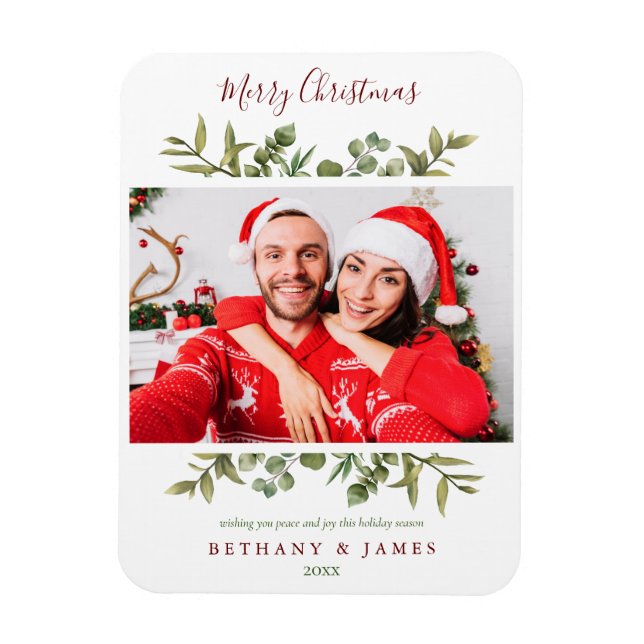 Merry Christmas Greenery Couples Photo Holiday Magnet (Vertical)
