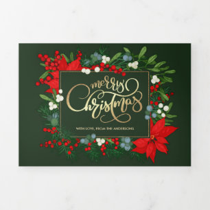 Merry Christmas Greenery Floral Multi Photo Tri-Fold Card