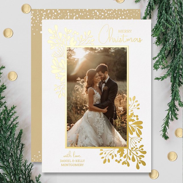 Merry Christmas Greenery Gold Foil Holiday Card (REAL gold foil! Merry Christmas Greenery Holiday Cards)