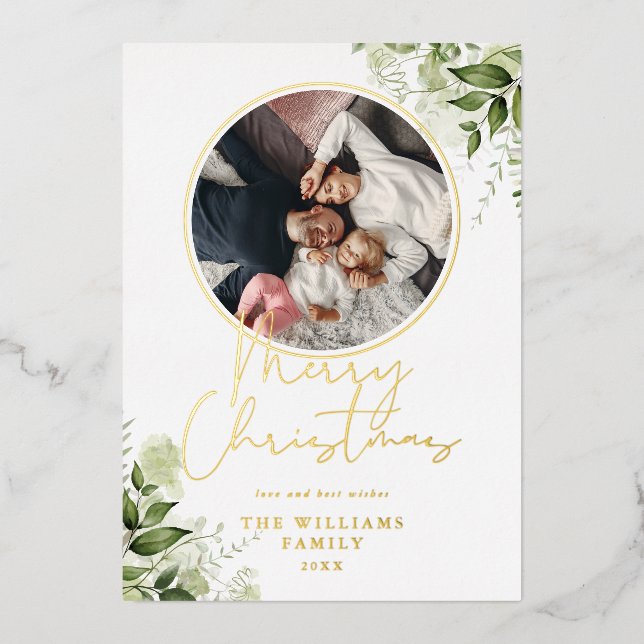Merry Christmas Greenery Gold Ring Photo Foil Holiday Card (Front)