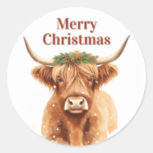 Merry Christmas Greenery Highland Miniature Cow Classic Round Sticker