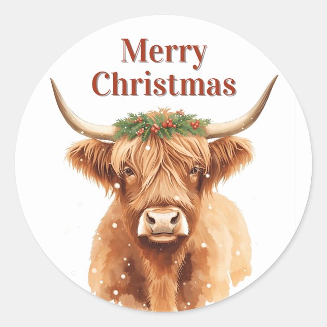 Merry Christmas Greenery Highland Miniature Cow Classic Round Sticker (Front)