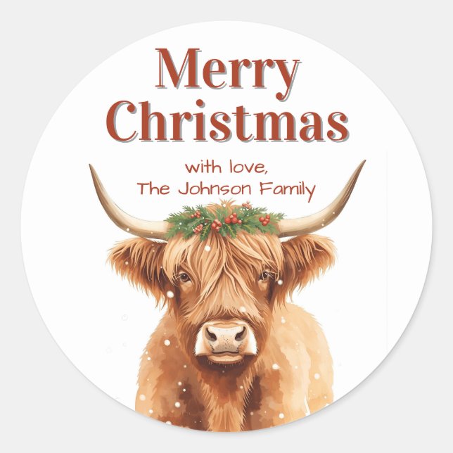 Merry Christmas Greenery Highland Miniature Cow Classic Round Sticker (Front)