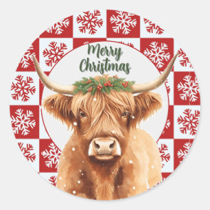 Merry Christmas Greenery Highland Miniature Cow Classic Round Sticker