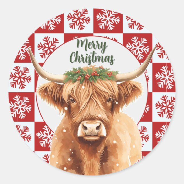 Merry Christmas Greenery Highland Miniature Cow Classic Round Sticker (Front)