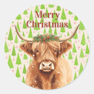 Merry Christmas Greenery Highland Miniature Cow Classic Round Sticker