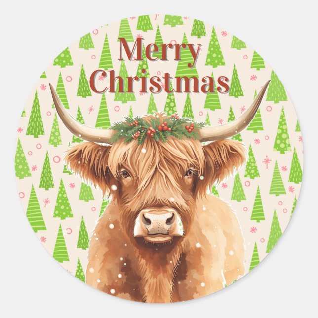 Merry Christmas Greenery Highland Miniature Cow Classic Round Sticker (Front)
