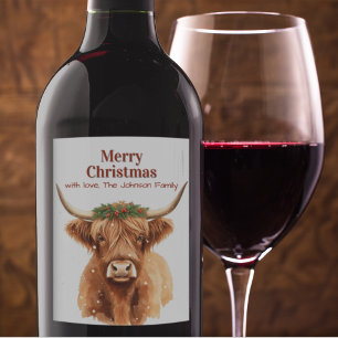 Merry Christmas Greenery Highland Miniature Cow Wine Label
