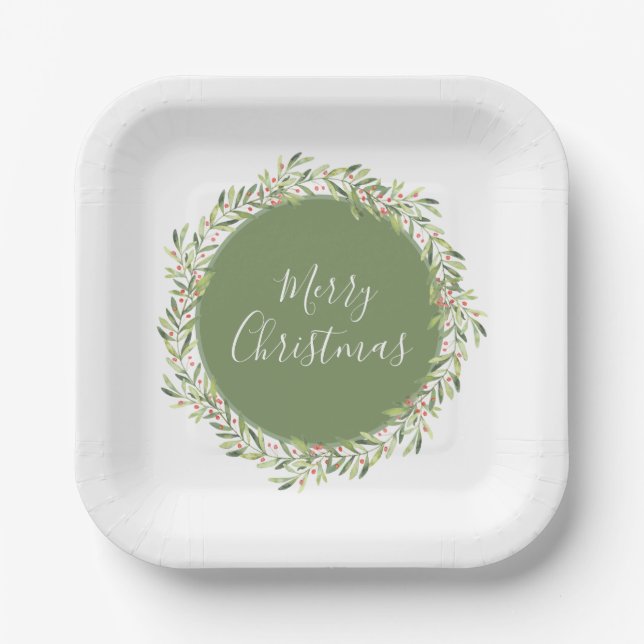 Merry Christmas Greenery Paper Plate (Front)