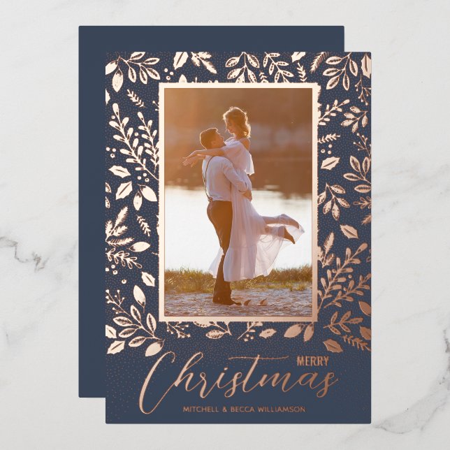 Merry Christmas Greenery Photo Rose Gold Foil Holiday Card (Front/Back)