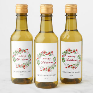 Merry Christmas Greenery Red Wreath Mini  Wine Label