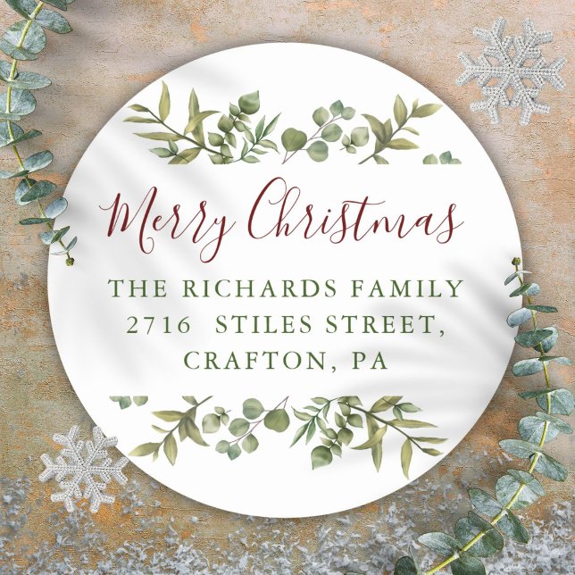 Merry Christmas Greenery Return Address Classic Round Sticker (Merry Christmas Greenery Return Address Classic Round Sticker)