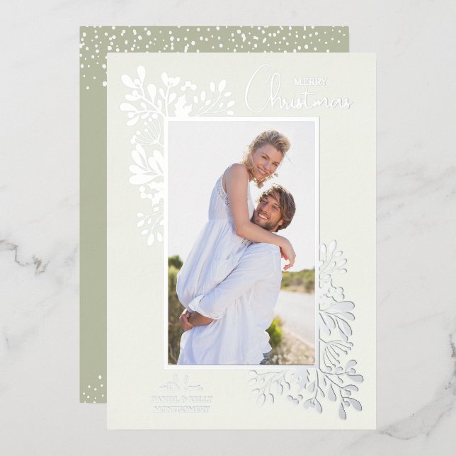 Merry Christmas Greenery Silver Foil Holiday Card (Front/Back)