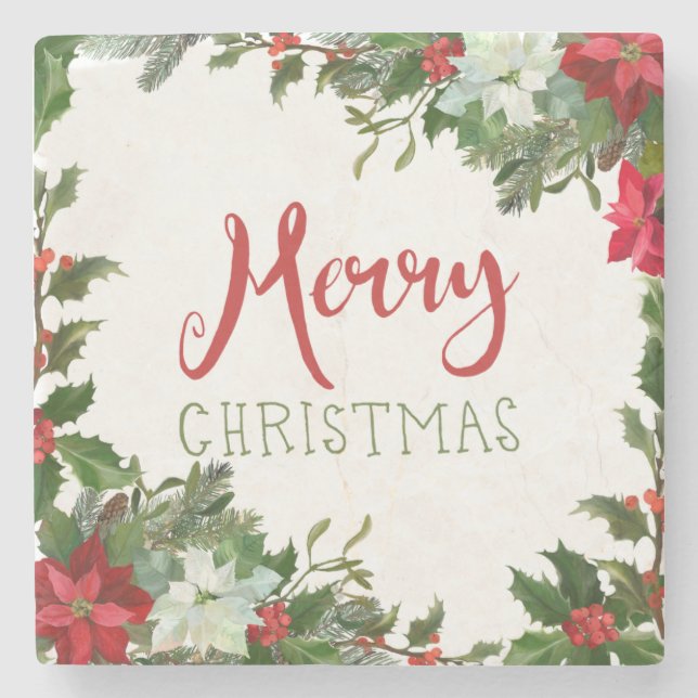 Merry Christmas greenery  Stone Coaster (Front)