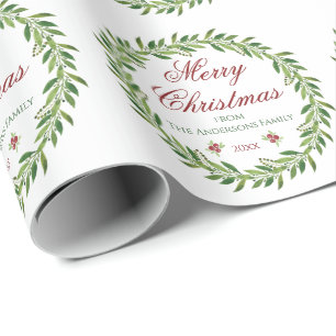 Merry Christmas Greenery Wreath Family   Wrapping Paper