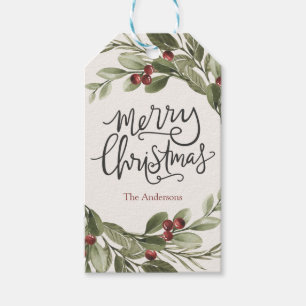 Merry Christmas Greenery Wreath Holiday Tag