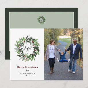 Merry Christmas Greenery Wreath Photo Holiday Card