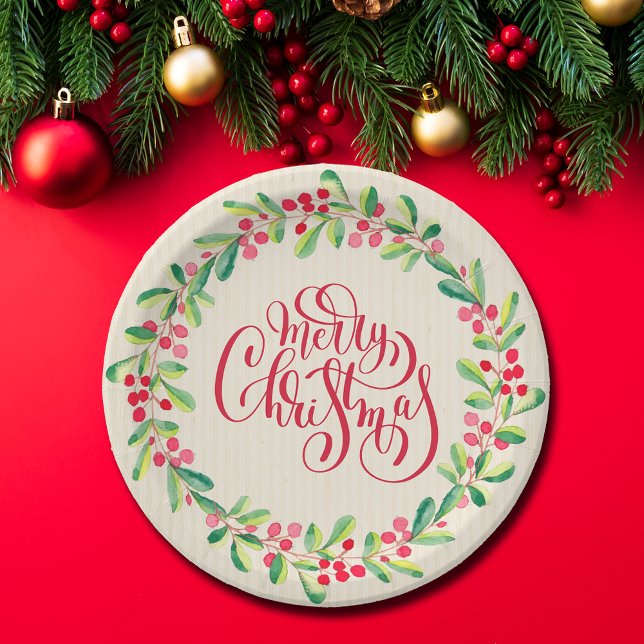 Merry Christmas Greens Berries Paper Plate (Creator Uploaded)