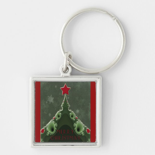 Merry Christmas Greeting - Fractal Tree and Star Key Ring (Front)