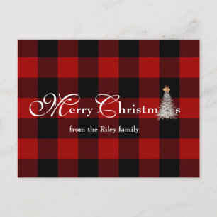 Merry Christmas greeting on buffalo plaid Holiday Postcard
