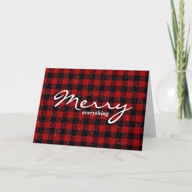 Merry Christmas Greeting On Plaid and Snowflakes Holiday Card (Front)