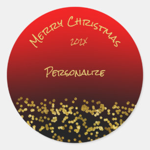 Merry Christmas Greeting Red Gold Glitter Holiday Classic Round Sticker