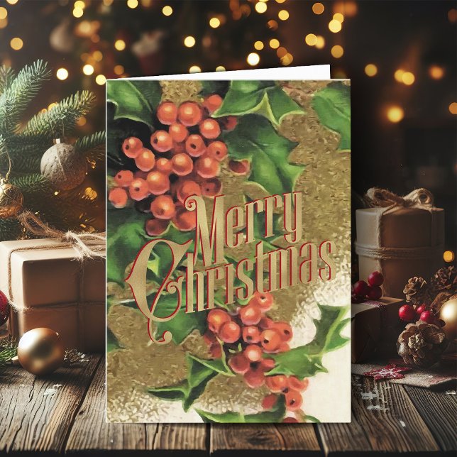 Merry Christmas Greeting Retro Santa Xmas Card (Vintage Christmas cards gold foil Christmas card with retro Santa Claus)