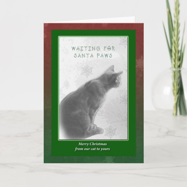Merry Christmas Greeting - Watchful Kitty - Santa Holiday Card (Front)
