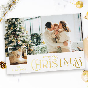 Merry Christmas Greeting with Photo Insert Gold Foil Holiday Card