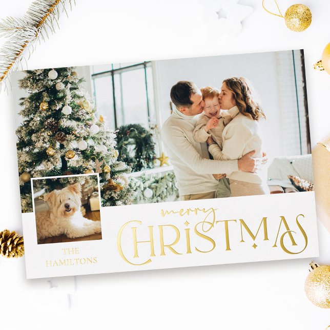 Merry Christmas Greeting with Photo Insert Gold Foil Holiday Card (Creator Uploaded)