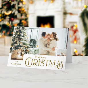 Merry Christmas Greeting with Photo Insert Gold Holiday Card