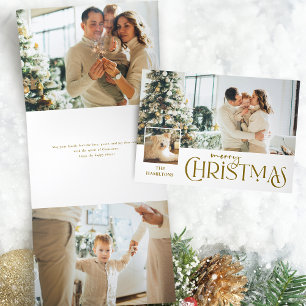 Merry Christmas Greeting with Photo Insert Gold Tri-Fold Holiday Card