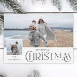 Merry Christmas Greeting with Photo Insert Silver Holiday Card<br><div class="desc">Fun Merry Christmas silver text graphic in a custom font with editable text field,  small square photo insert template and large background photo template. All graphic elements are customisable.</div>