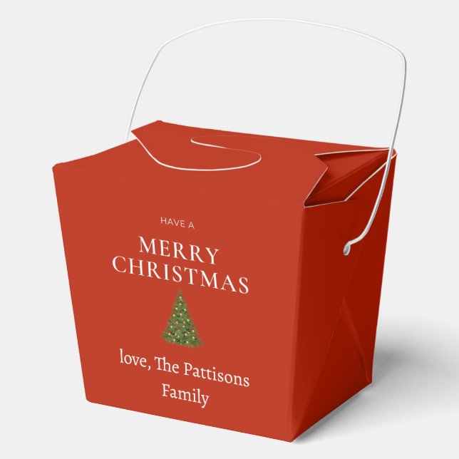 Merry Christmas greeting with tree on red custom Favour Box (Front)