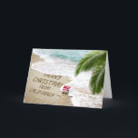 Merry Christmas Greetings from California Holiday Card<br><div class="desc">Merry Christmas from California text in beach sand with sandman,  palm tree frond,  and starfish by the ocean surf.</div>