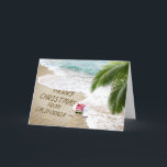 Merry Christmas Greetings from California Holiday Card<br><div class="desc">Merry Christmas from California text in beach sand with sandman,  palm tree frond,  and starfish by the ocean surf.</div>