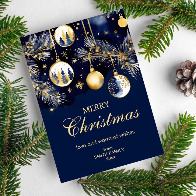 Merry Christmas greetings gold navy blue baubles Holiday Card (Merry Christmas classical holiday greeting card template instant download navy blue gold baubles )