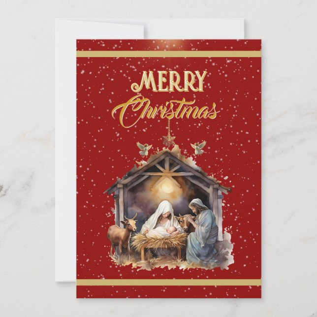 Merry Christmas Greetings: Gold, Red & Silver  Hol Holiday Card (Front)
