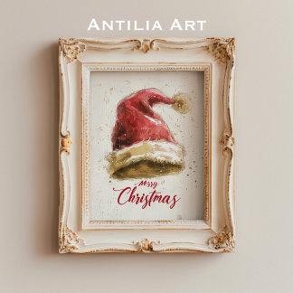 Merry Christmas Greetings Painting Santa Claus Hat Poster