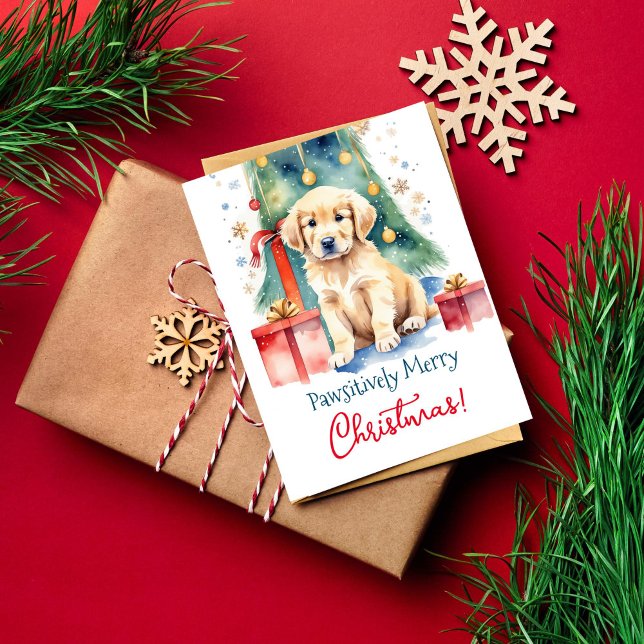 Merry Christmas greetings retriever for dog people Postcard (Golden retriever puppy Christmas greetings postcard pawsitively merry Christmas watercolor dog lover)