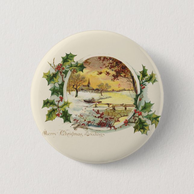 Merry Christmas Greetings Vintage Village Scene 6 Cm Round Badge (Front)