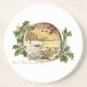 Merry Christmas Greetings Vintage Village Scene Coaster