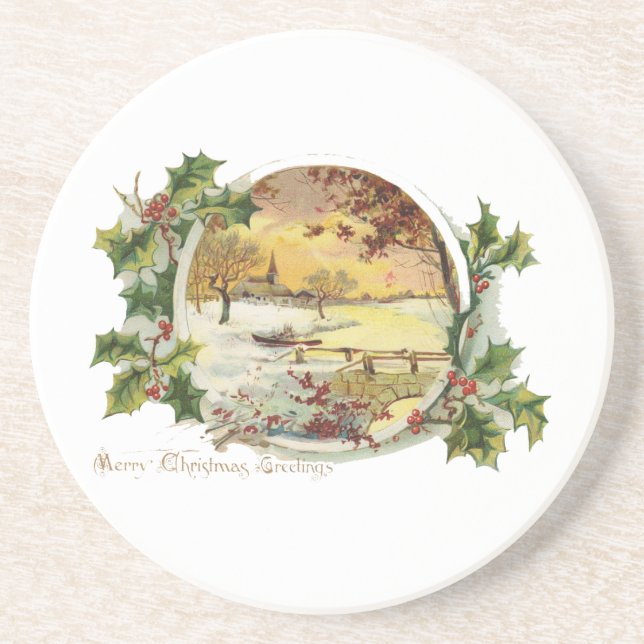 Merry Christmas Greetings Vintage Village Scene Coaster (Front)
