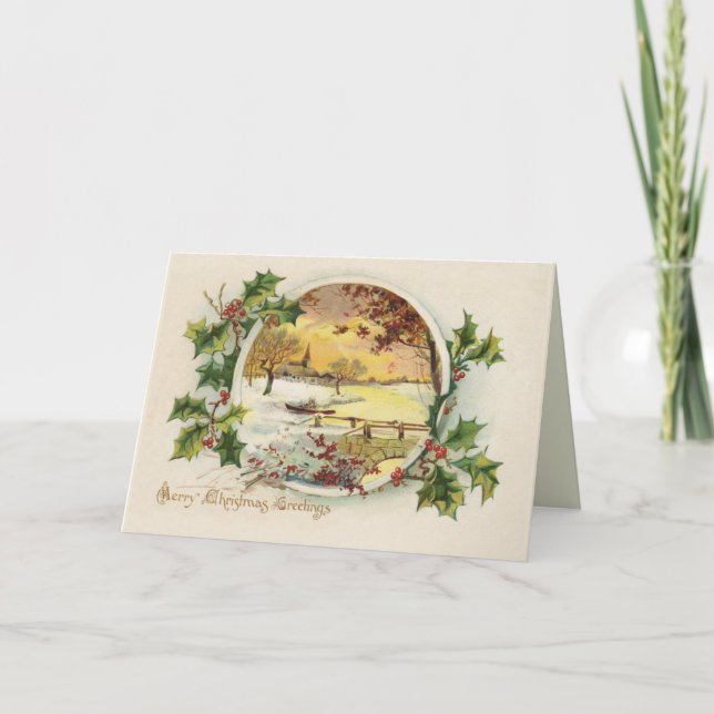 Merry Christmas Greetings Vintage Village Scene Holiday Card (Front)