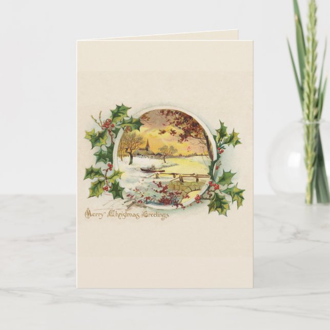 Merry Christmas Greetings Vintage Village Scene Holiday Card (Front)