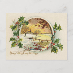 Merry Christmas Greetings Vintage Village Scene Holiday Postcard