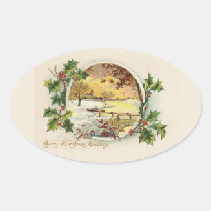 Merry Christmas Greetings Vintage Village Scene Oval Sticker