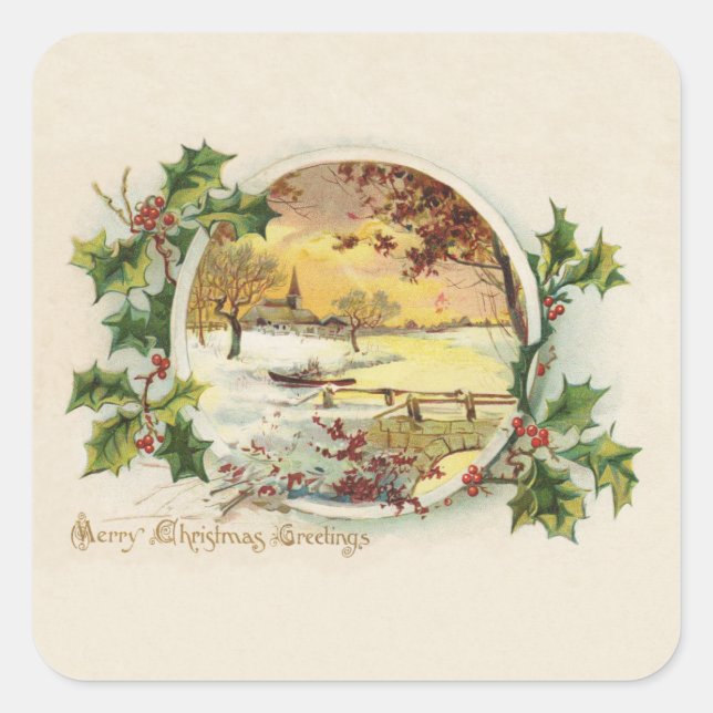 Merry Christmas Greetings Vintage Village Scene Square Sticker (Front)