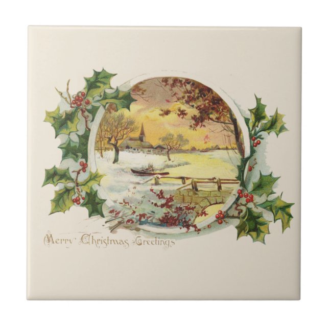 Merry Christmas Greetings Vintage Village Scene Tile (Front)